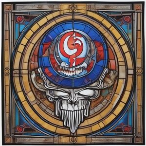 Stained Glass Skull Print with Blue and Red Accents